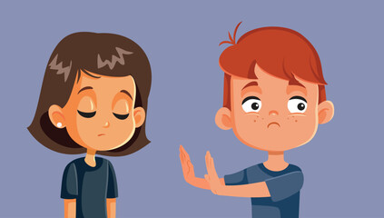 Little Boy Rejecting a Fellow Classmate Vector Cartoon Illustration. Unhappy girl feeling refused by a classmate 
