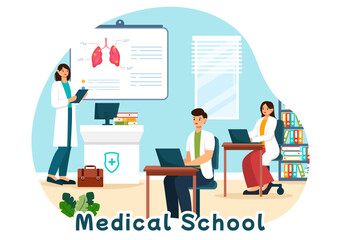 Medical School Vector Illustration with Students Listening to a Lecture and Learning Science in a Classroom in a Flat Cartoon Style Background
