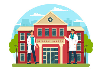 Medical School Vector Illustration with Students Listening to a Lecture and Learning Science in a Classroom in a Flat Cartoon Style Background