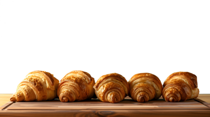 Several freshly baked croissants arranged on a wooden table on a transparent background.