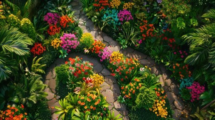 High-angle shot of a flower garden with a mix of vibrant blooms, showcasing a winding path through the lush greenery