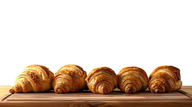 Several freshly baked croissants arranged on a wooden table on a transparent background.