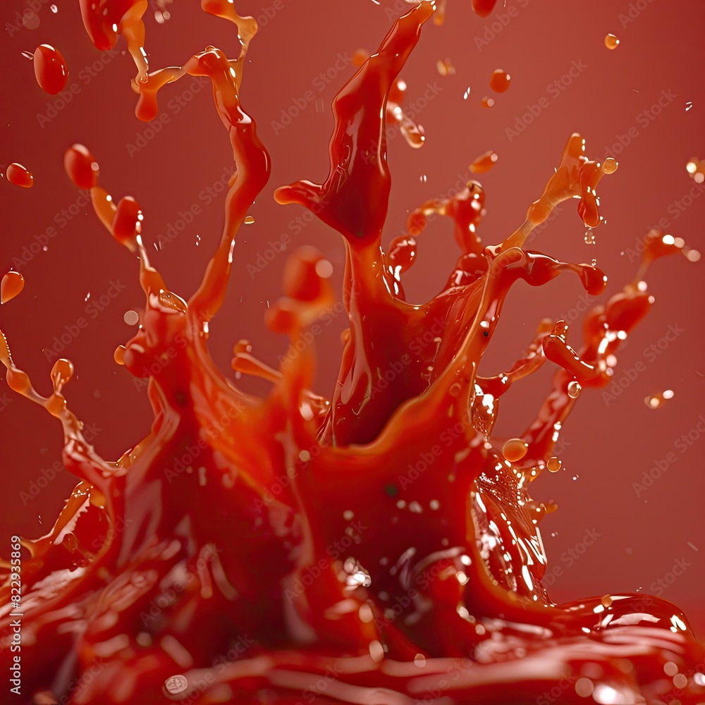 Poster high-angle shot of splashing ketchup creating artistic patterns in the air