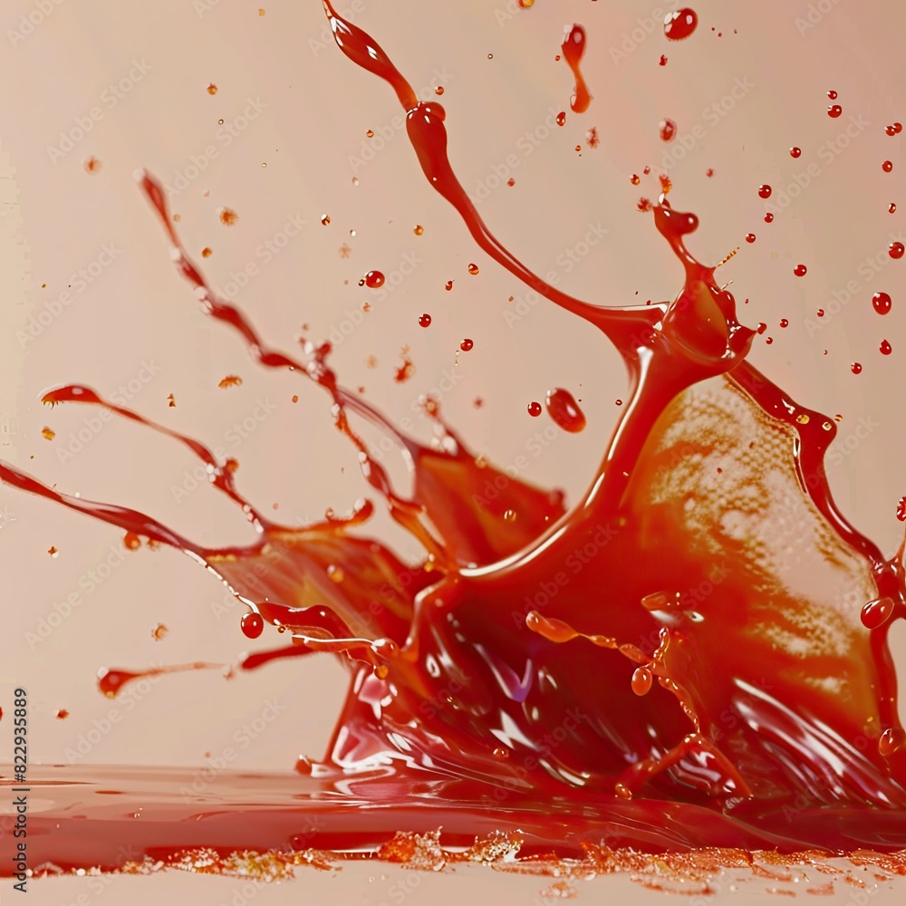 Poster high-angle shot of splashing ketchup creating artistic patterns in the air