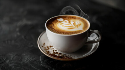 Obraz premium Close up hot cappuccino white coffee cup with heart shape latte art on dark brown old wood table at cafe, food and drink concept.