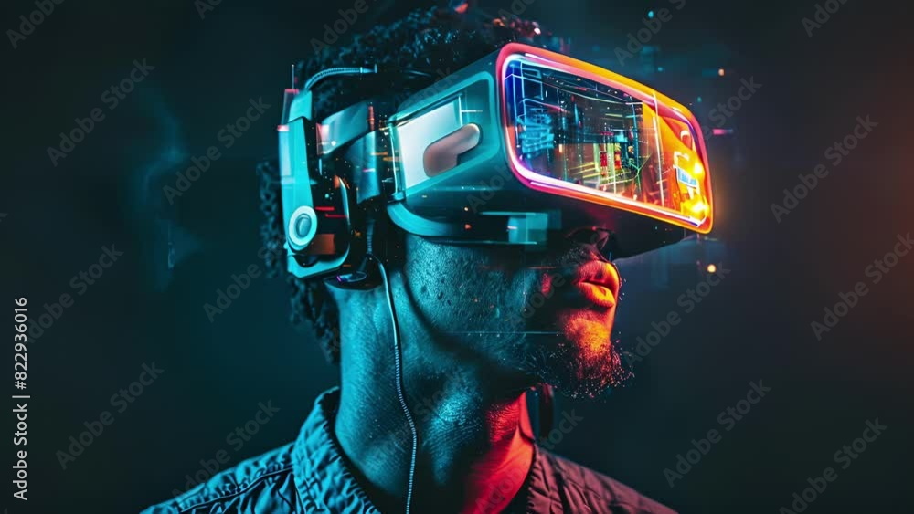 Poster a man wearing a futuristiclooking headset representing the potential for public access to neural tec