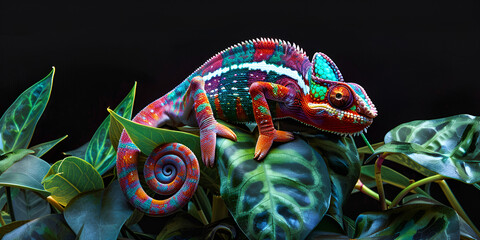 colorful chamameleon is perched on a leaf against a black background