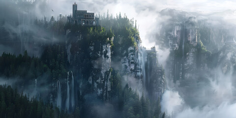  castle is perched on a mountain, surrounded by mist and tree