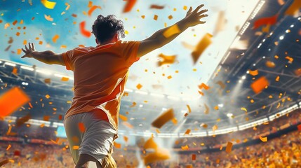 A football player runs along the football field with his arms outstretched in happiness, celebrating the victory in the stadium