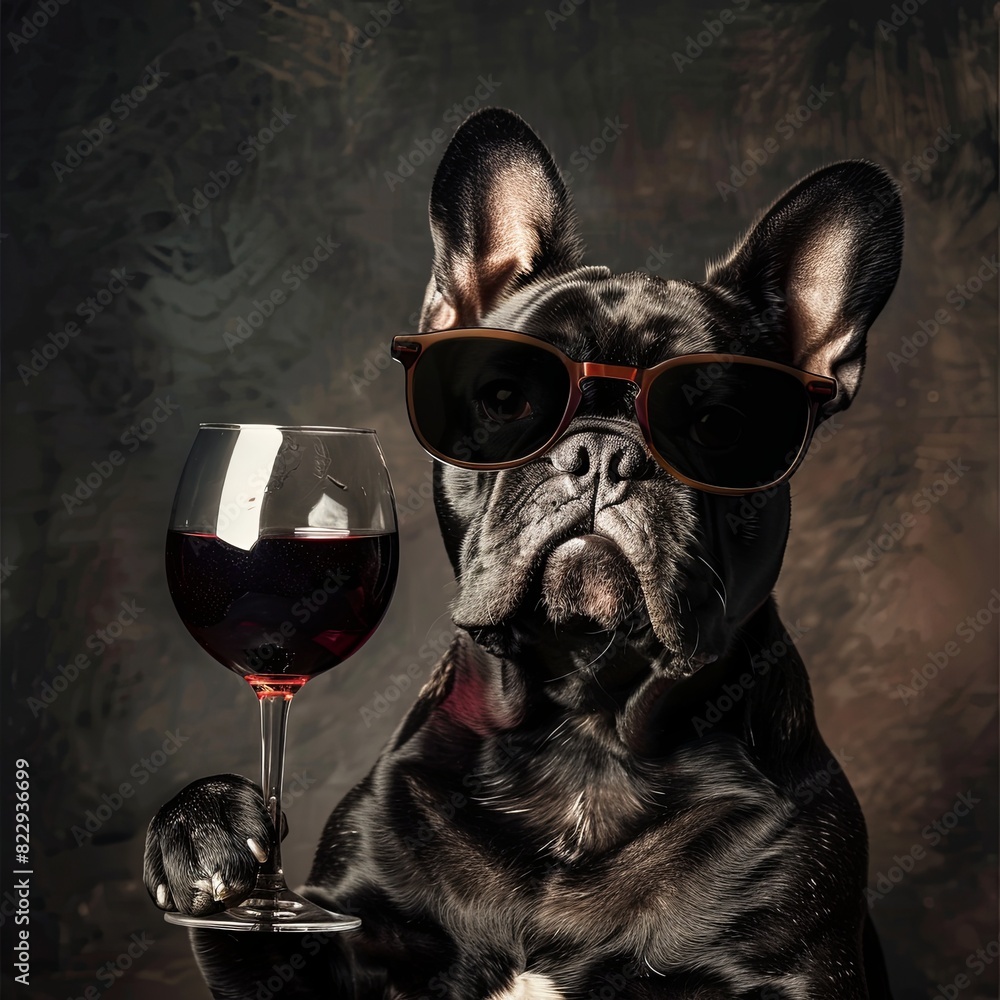 Poster A French Bulldog sporting trendy sunglasses, holding a glass of red wine with a sophisticated look