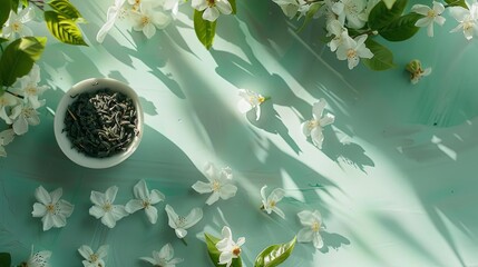 a floor and a wall with focus on small loose tea residus with a view from above on a jasmin flower with pastel green backdrop -