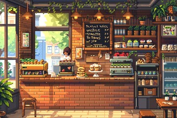 A whimsical pixel art bakery with cartoon bakers, colorful pastries, and a cozy interior.