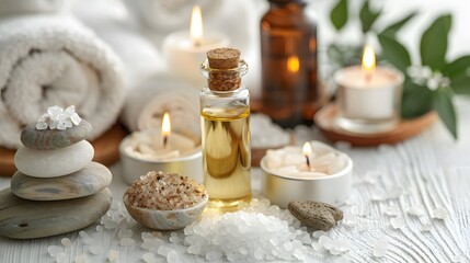 Cosmetic bottle containers, skin cream with flowers. Natural beauty and spa concept, Top view on white table background.