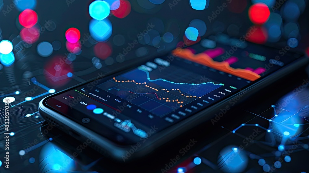 Poster overhead perspective of a smartphone displaying a scatter plot, visualizing data points and correlat