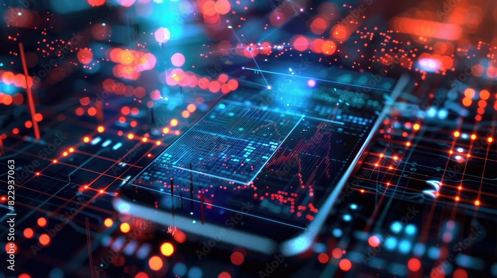 Poster overhead perspective of a smartphone displaying a scatter plot, visualizing data points and correlat