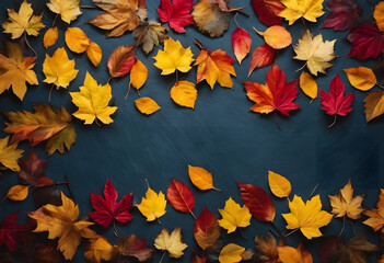 A collection of colorful autumn leaves arranged in a border on a dark blue background. The leaves are in various shades of red, yellow, and orange.