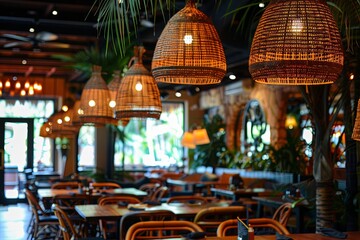 a restaurant with tables and chairs and wicker lamps hanging from the ceiling