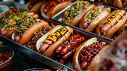 Overhead view of a tray filled with delicious hot dogs loaded with condiments, ready to be served at a summer BBQ