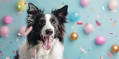 Collie Dog celebrating party birthday or carnival  Party animal concept Border collie at party wearing party hat and striped surrounded by confetti and near a birthday cake