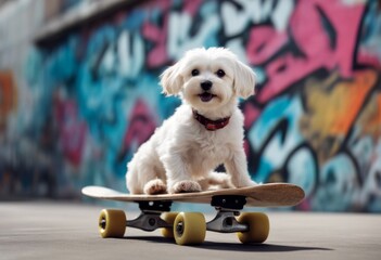 happy image white maltese ng dog modern riding 3d skateboard photography concept graffiti background olated - Powered by Adobe