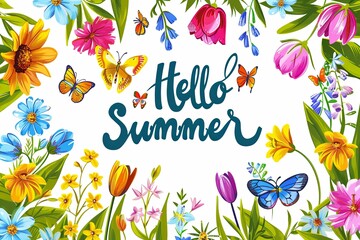 A vibrant and joyful summer scene featuring a variety of blooming flowers with butterflies fluttering about. A banner reads Hello Summer