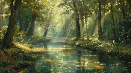 Sunlight filtering through trees, casting dappled reflections on a tranquil forest stream
