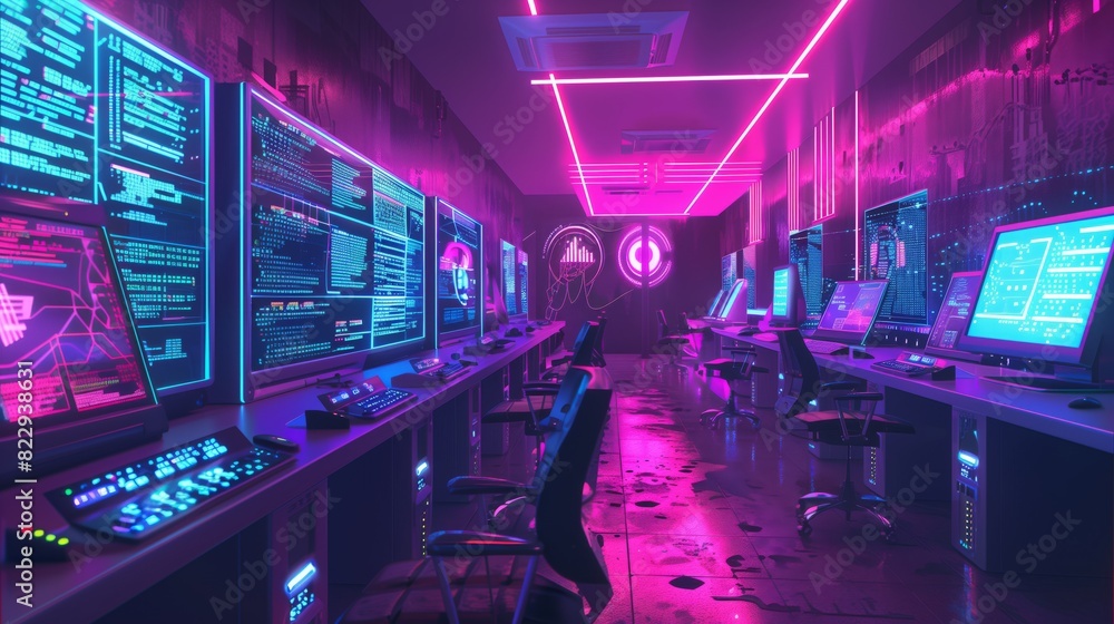 Poster a cutting-edge lab with futuristic terminals, neon backlighting, and large screens displaying intric