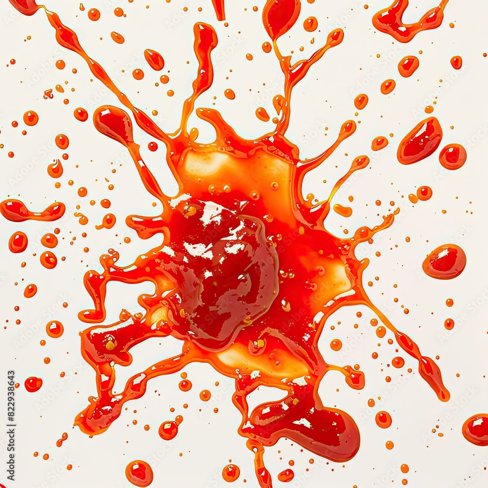 Poster top-down view of ketchup splashes forming a playful pattern in the air