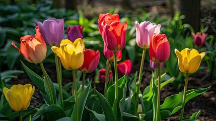 Tulips of various colors in a garden setting, with sunlight casting a warm glow on the vibrant petals and green leaves