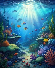 Naklejka premium underwater scenery with fish wallpaper