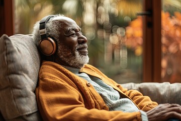 Fototapeta na wymiar Senior man wearing headphones receiving sound therapy for balance