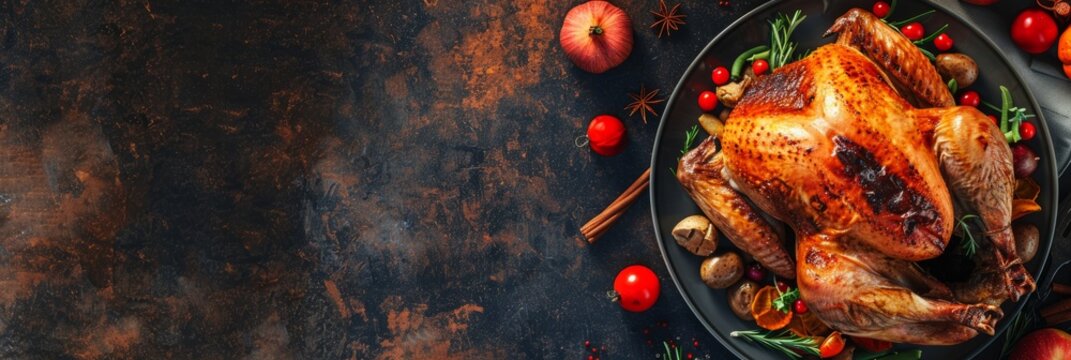 Thanksgiving Homemade Roasted Turkey. Top view flat lay background. Copy space.