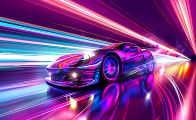 Concept of a high-speed electric sports car racing through a futuristic city at night Vibrant neon trails and dynamic motion blur