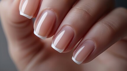 Hand with classic French manicure. Close-up studio photography. Beauty and personal care concept for design and print.