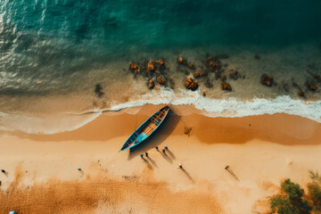 Boat is on the beach near the water and rocks.