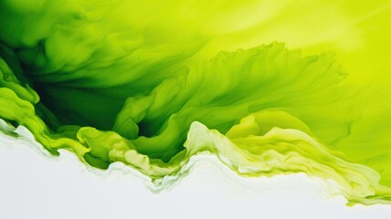 Abstract yellow and green paint splash on white background, an image colored ink poured over a flat surface. Banner with copy space.
