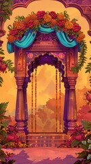 Obraz premium floral decorated arch with intricate patterns for traditional ceremony decor, Indian wedding mandap