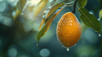 ripe mango hanging from slender branch, tropical fruit dangling tantalizingly from tree