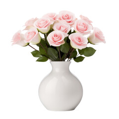 Beautiful bouquet of pink roses in a vase isolated on white or transparent background, png clipart, design element. Easy to place on any other background.