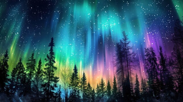 multi-hued curtains of the aurora borealis undulating across night sky, celestial lights in motion