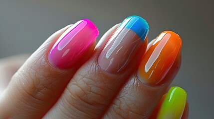 Hand with colorful rainbow-themed manicure. Close-up studio photography. Beauty and personal care concept for design and print.