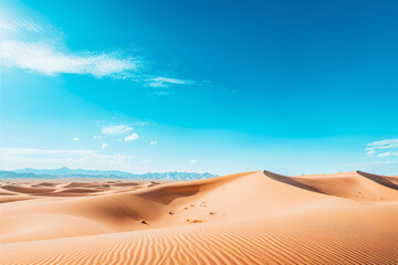 Desert with blue sky and some sand dunes and mountains.