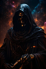 Halloween hauntingly dark and moody black grim reaper, creepy and macabre halloween scary hooded skeleton figure poster