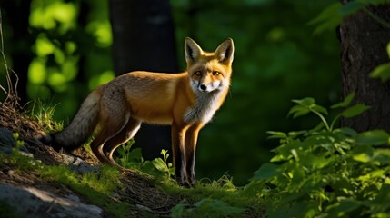 Beautiful red fox in the forest, outdoor wild nature background with copy space.