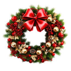 Beautiful traditional Christmas decorative wreath made of fir tree isolated on transparent background. Png clip art design element.