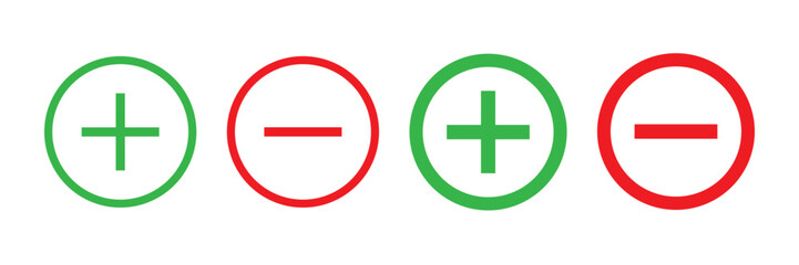 Round plus and minus icons set with different thicknesses. Vector.
