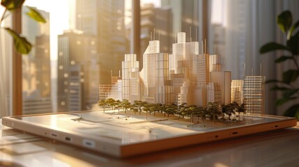Hyper Realistic 3D Smart Cityscape Emerging from smart device Screen, Futuristic concept