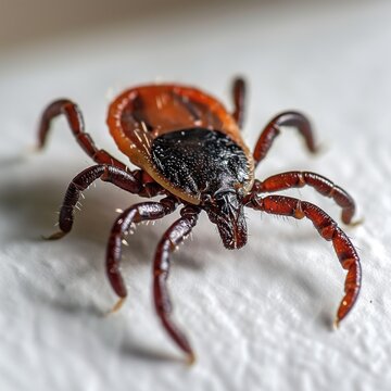 Close up ixodes tick or mite on white surface.