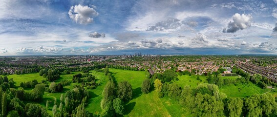 Wide panoramic image of Trafford, greater Manchester showing Manchester cityscape on the distance. 