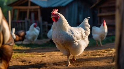 Fototapeta premium Funny hen looking at the camera on farm yard outdoor background.